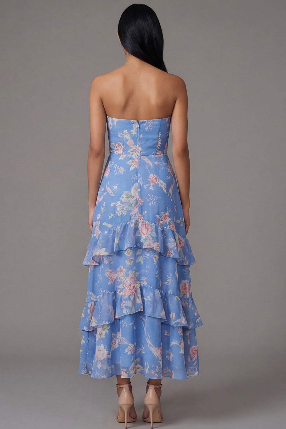 Blue Floral Strapless A Line Maxi Wedding Guest Dress with Ruffles