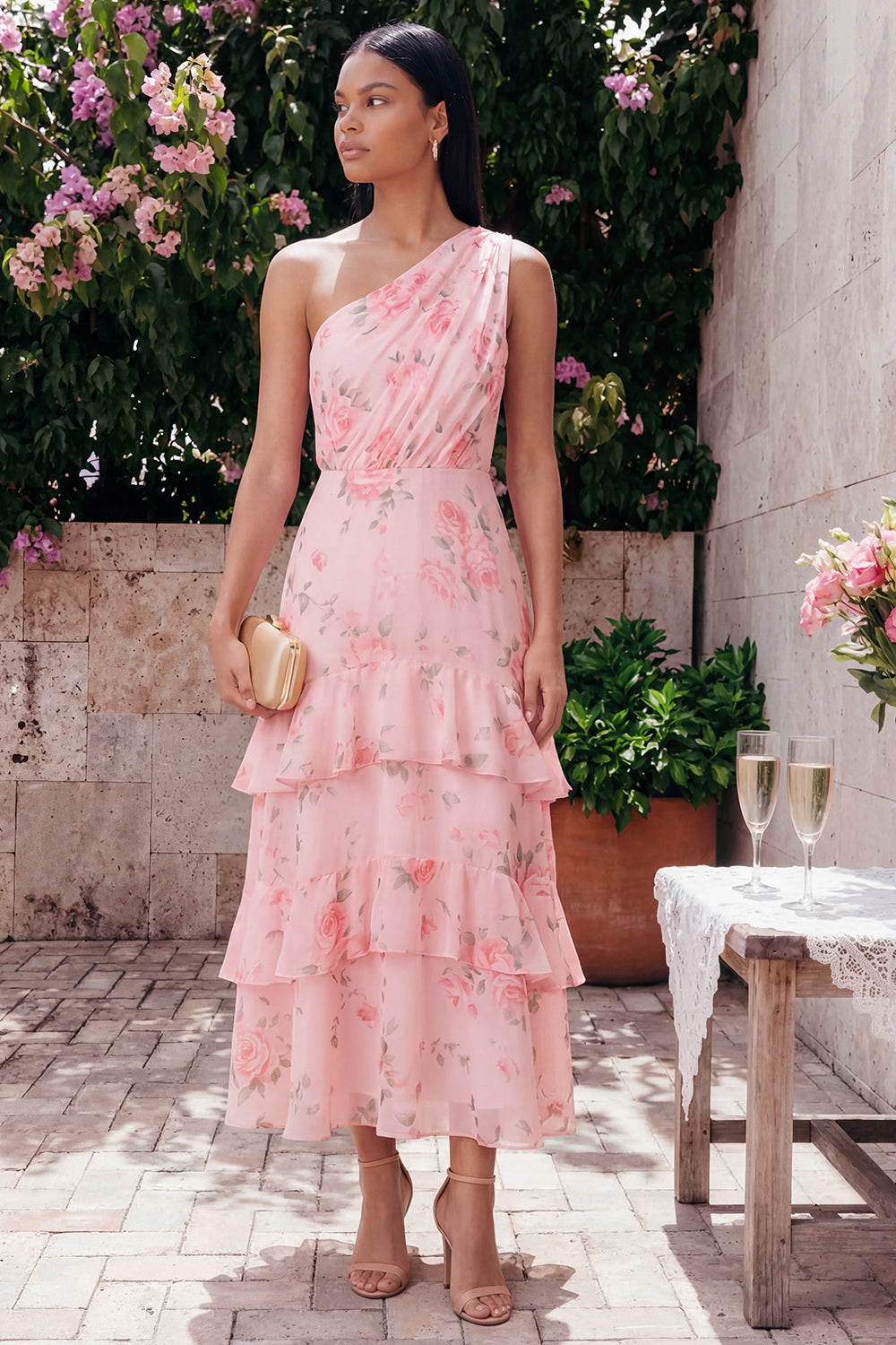 Pink One Shoulder Ruched Floral A Line Long Wedding Guest Dress