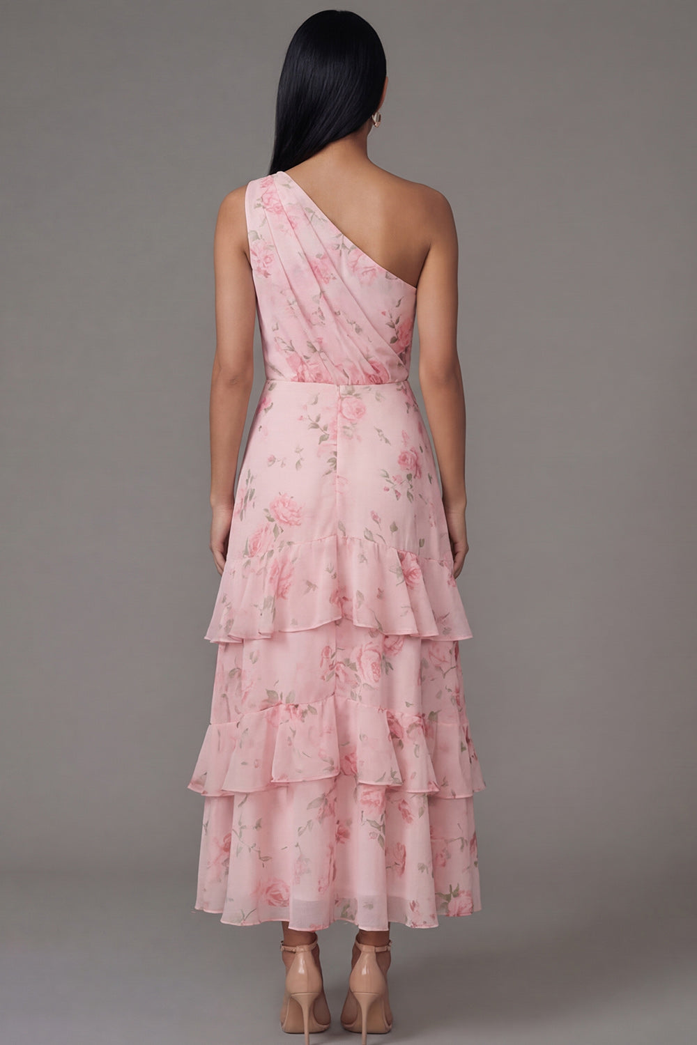 Pink One Shoulder Ruched Floral A Line Long Wedding Guest Dress