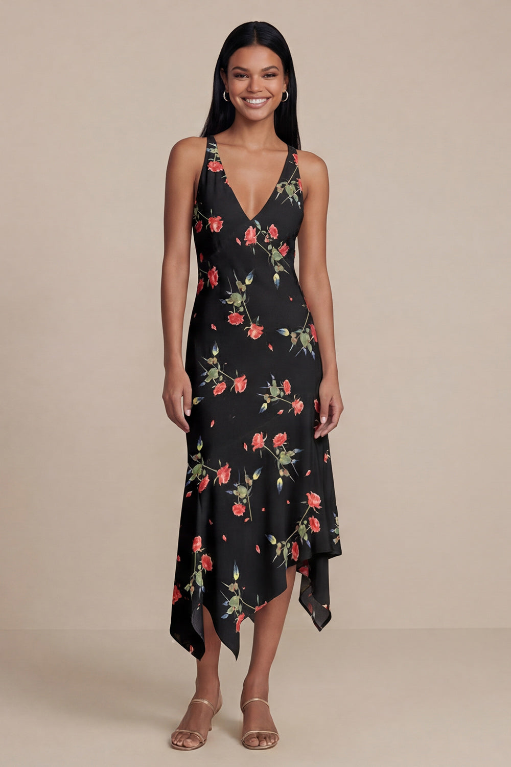 Black Floral A Line V Neck Asymmetrical Wedding Guest Dress