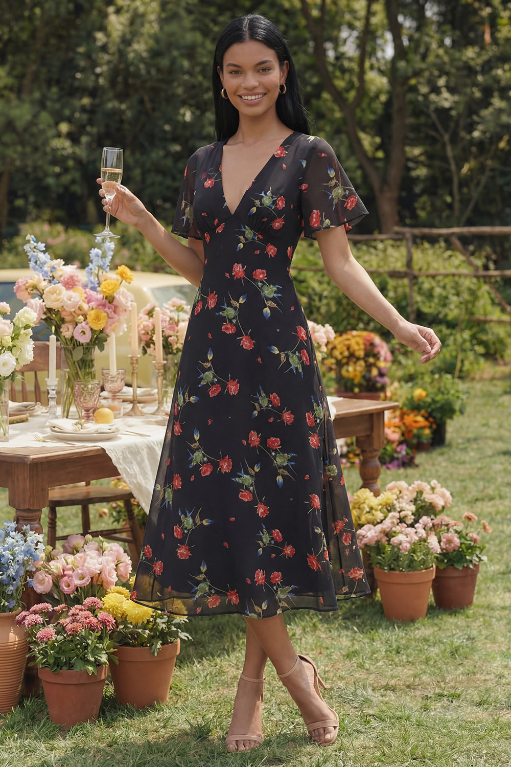 Black V Neck A Line Floral Long Wedding Guest Dress with Sleeves