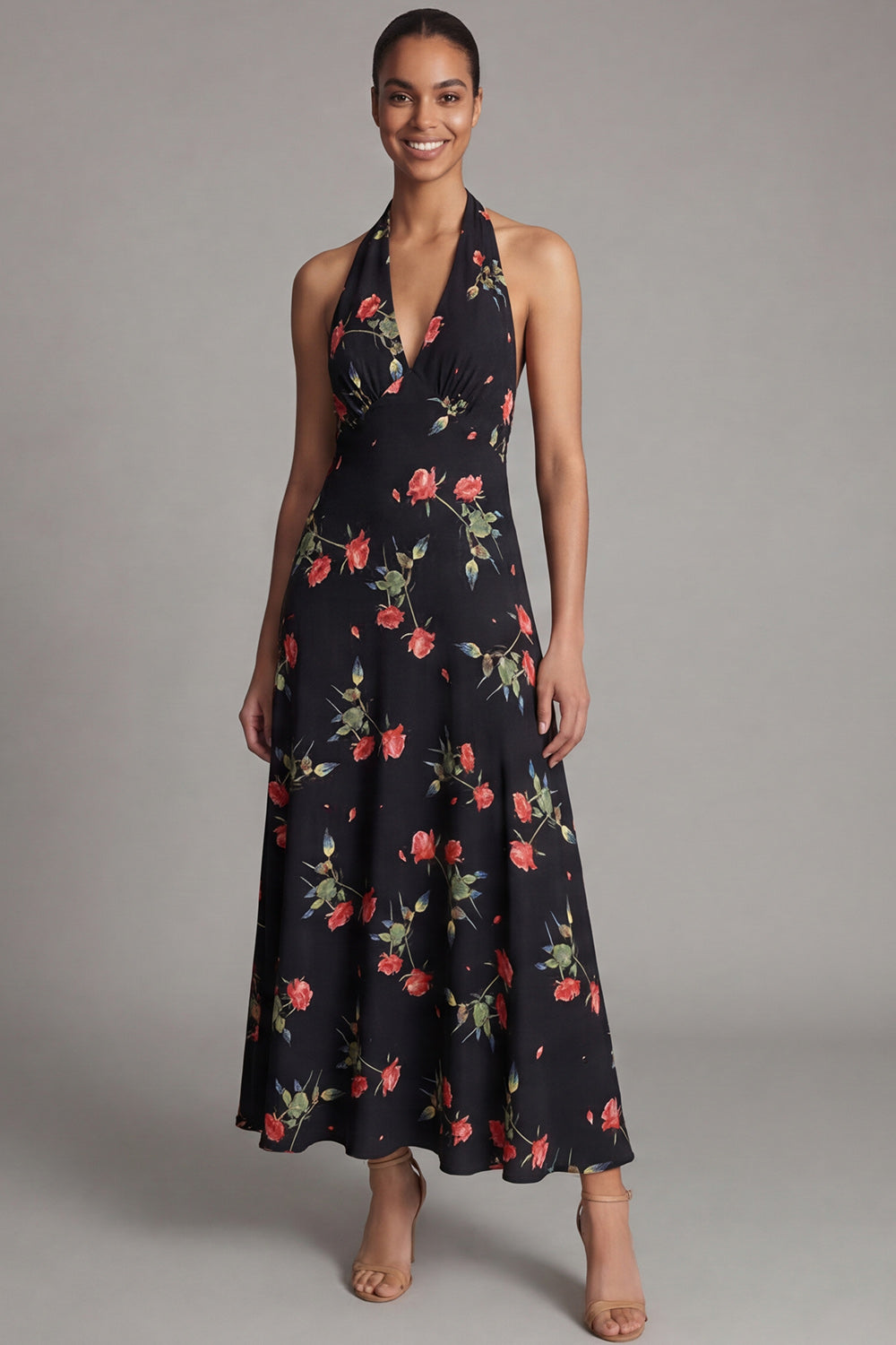 Black Halter A Line Floral Backless Long Wedding Guest Dress