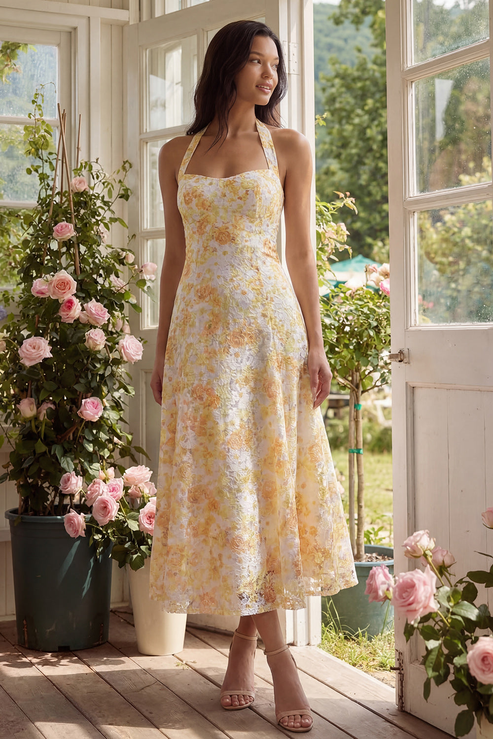 Yellow Floral Halter A Line Long Wedding Guest Dress with Bow