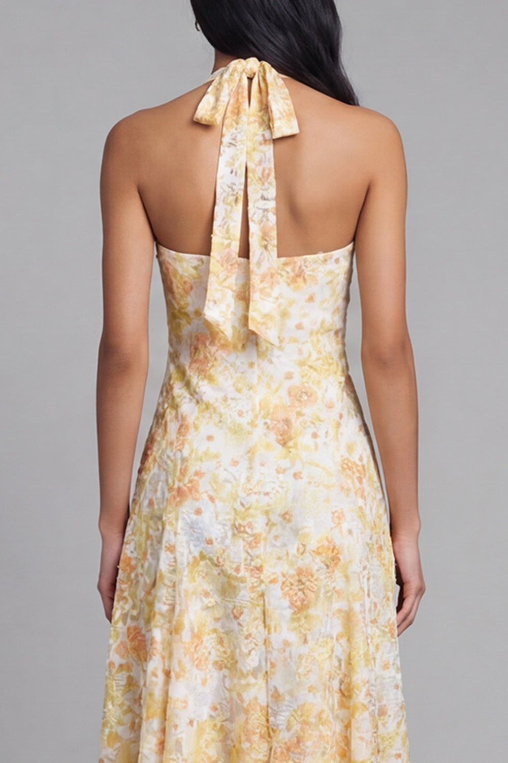 Yellow Floral Halter A Line Long Wedding Guest Dress with Bow