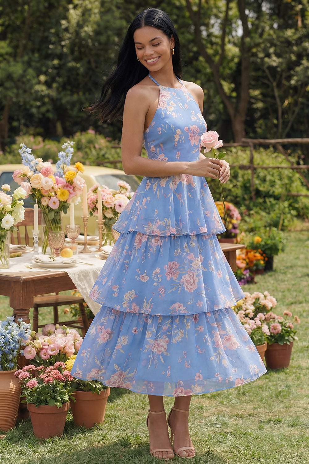 Blue Floral Ruffled A Line Maxi Wedding Guest Dress with Bow