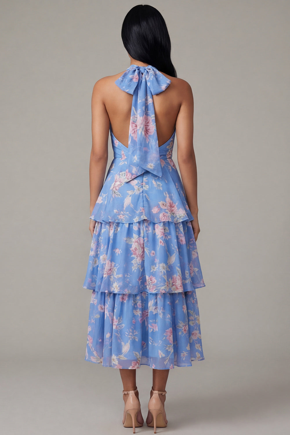 Blue Floral Ruffled A Line Maxi Wedding Guest Dress with Bow