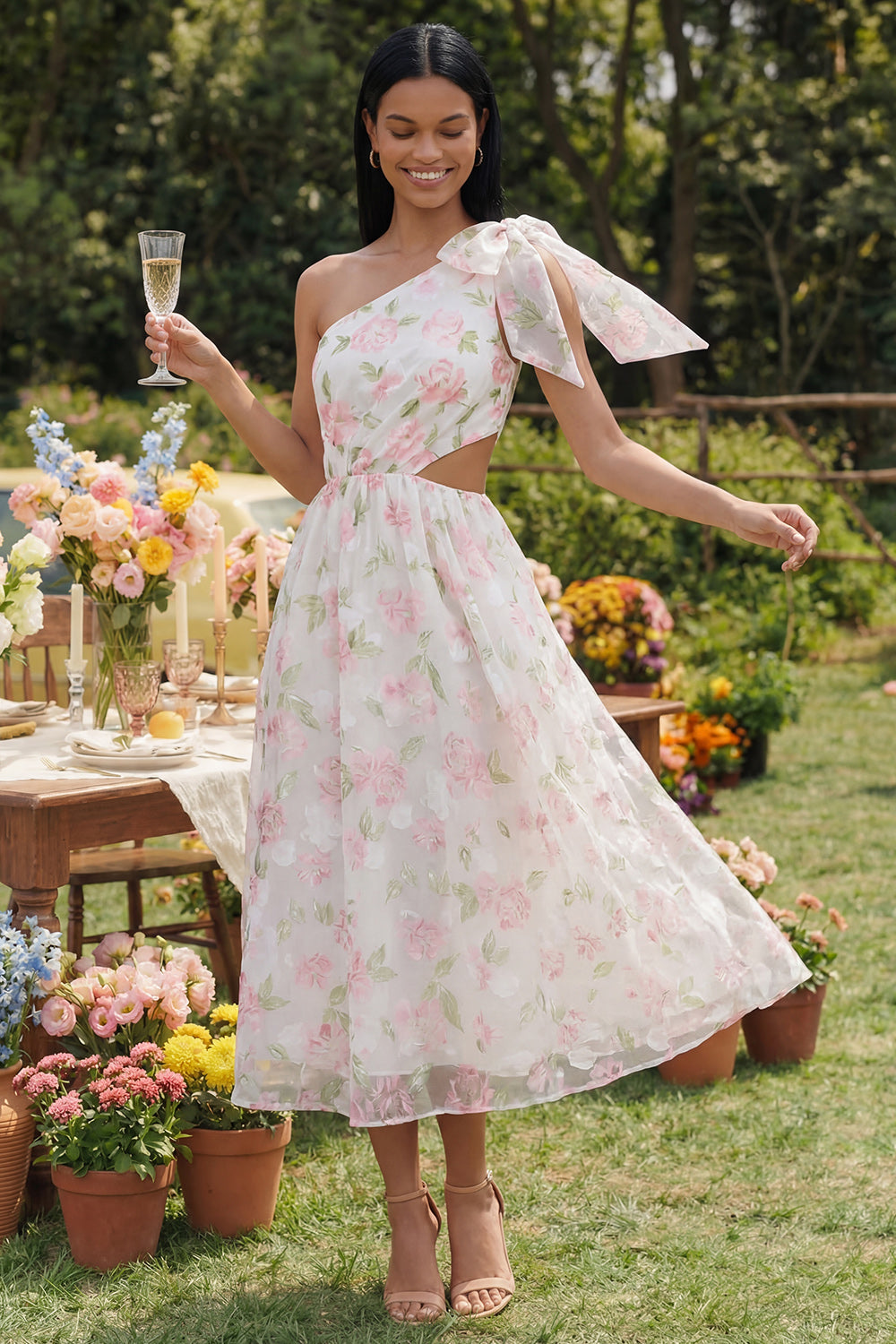 White Pink Floral A Line Cut Out Long Wedding Guest Dress with Bow