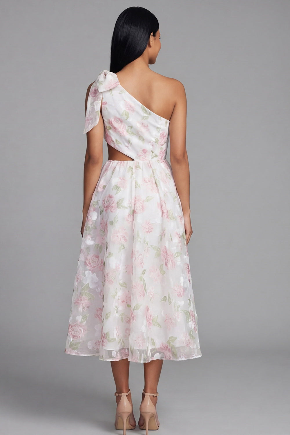 White Pink Floral A Line Cut Out Long Wedding Guest Dress with Bow