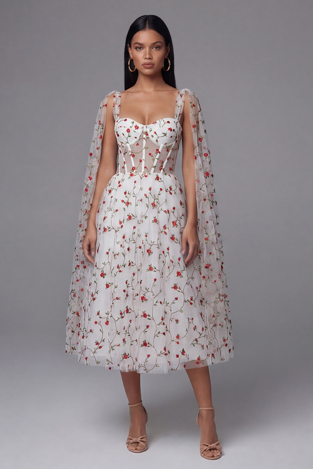 Ivory A Line Floral Corset Long Wedding Guest Dress with Cape