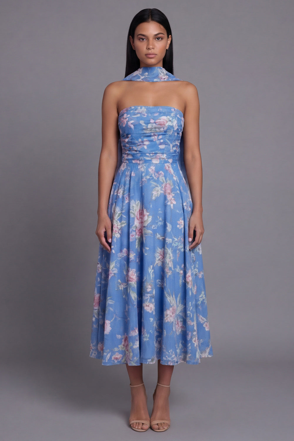 Blue A Line Strapless Neck Scarf Floral Maxi Beach Wedding Guest Dress
