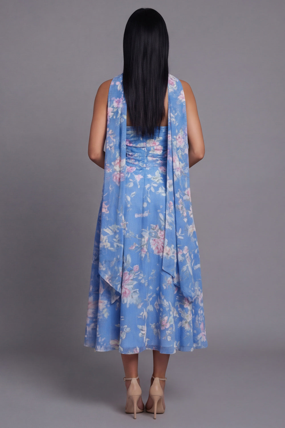 Blue A Line Strapless Neck Scarf Floral Maxi Beach Wedding Guest Dress