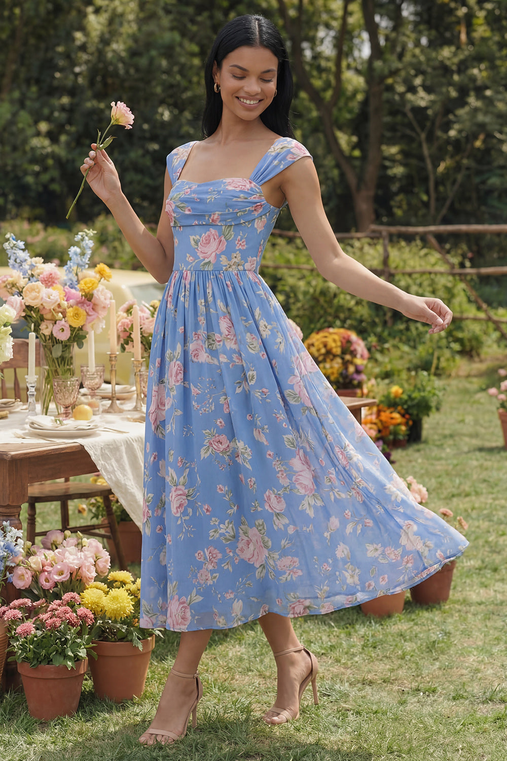 Blue A Line Square Neck Floral Long Beach Wedding Guest Dress