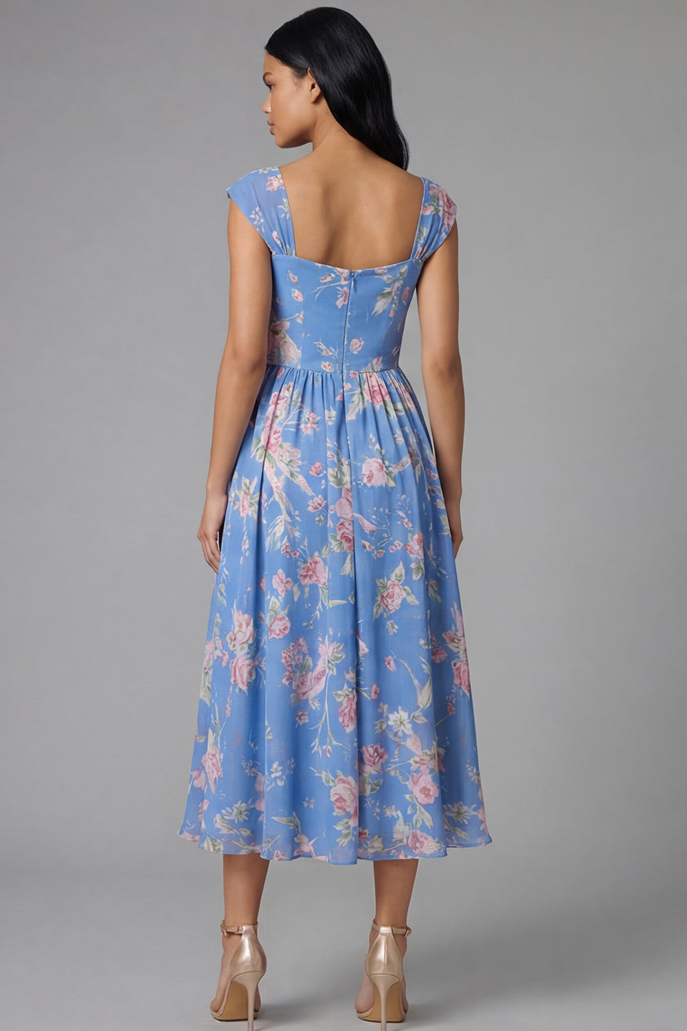 Blue A Line Square Neck Floral Long Beach Wedding Guest Dress