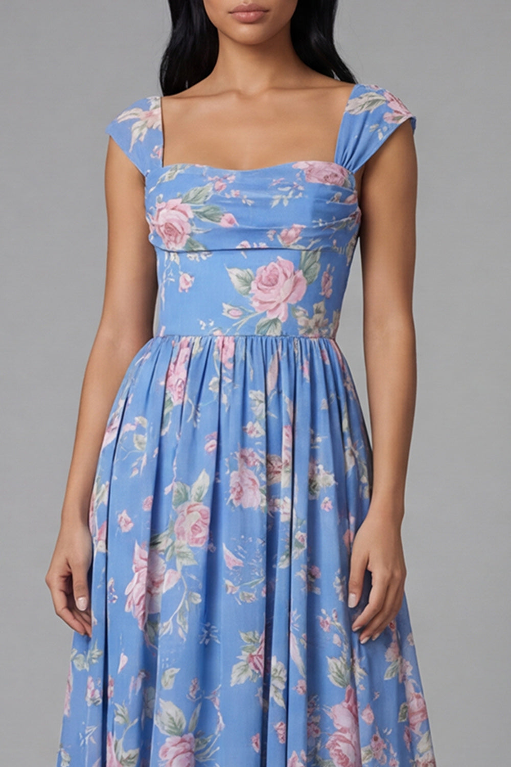 Blue A Line Square Neck Floral Long Beach Wedding Guest Dress