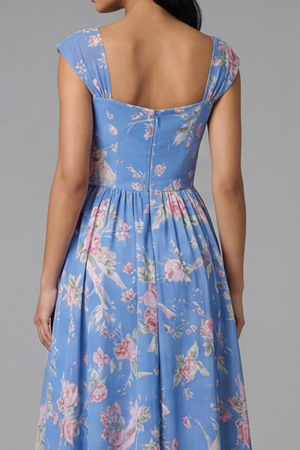 Blue A Line Square Neck Floral Long Beach Wedding Guest Dress