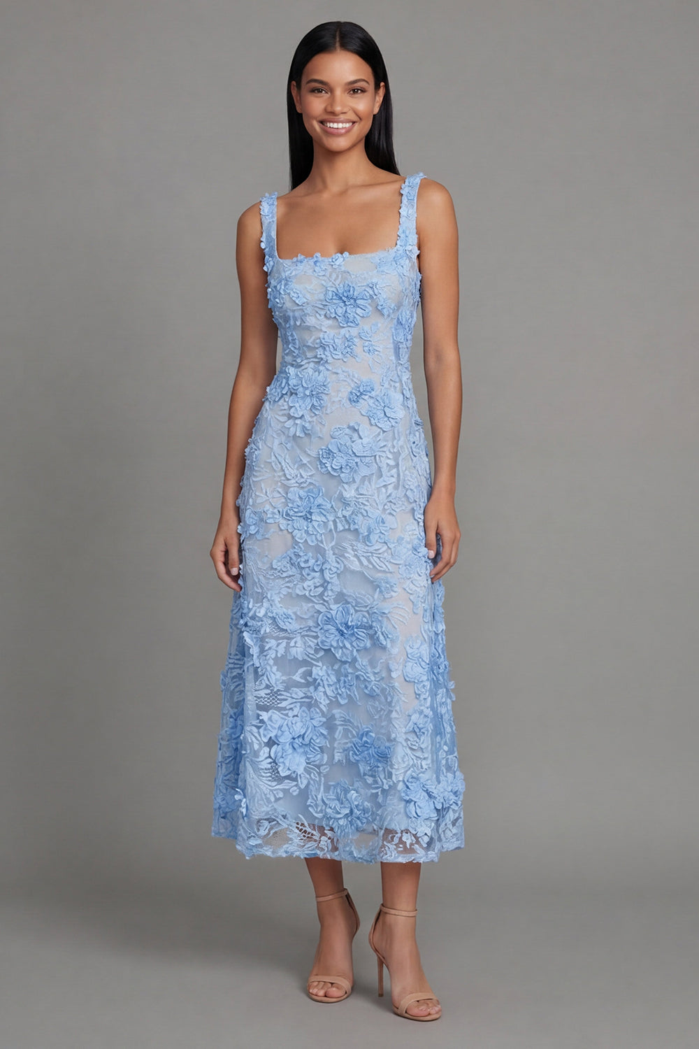Blue Floral Square Neck A Line Long Wedding Guest Dress