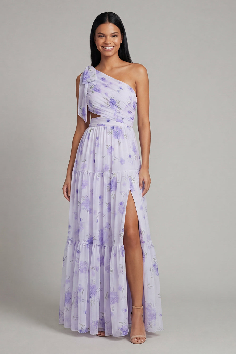 Lilac Floral Ruched A Line Beach Maxi Wedding Guest Dress with Slit