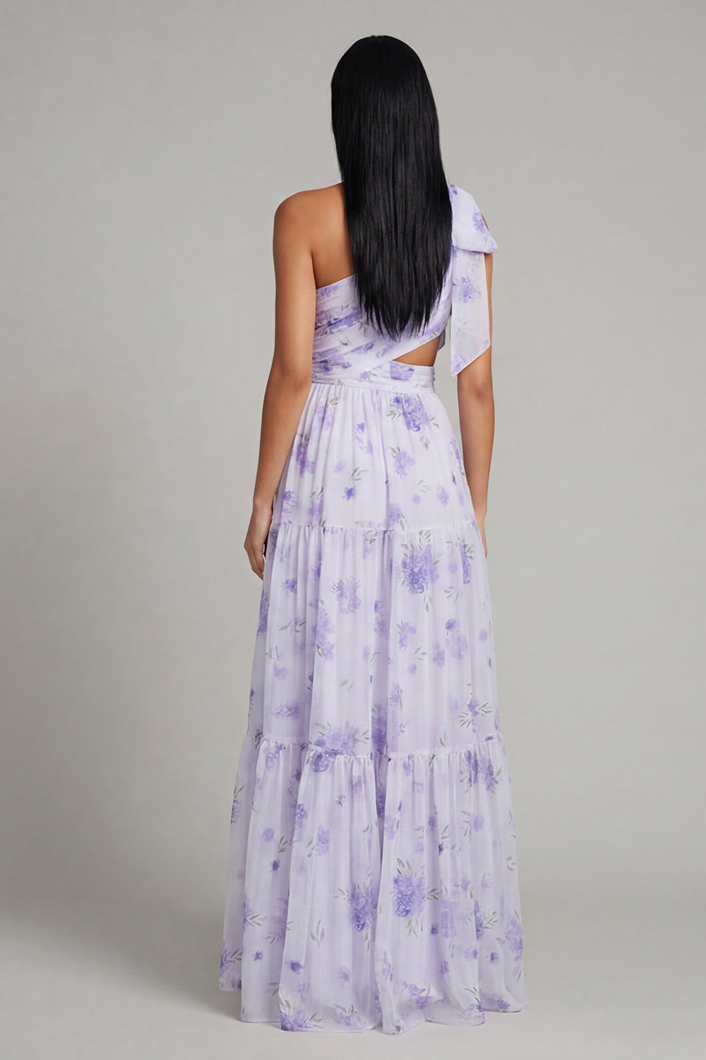 Lilac Floral Ruched A Line Beach Maxi Wedding Guest Dress with Slit