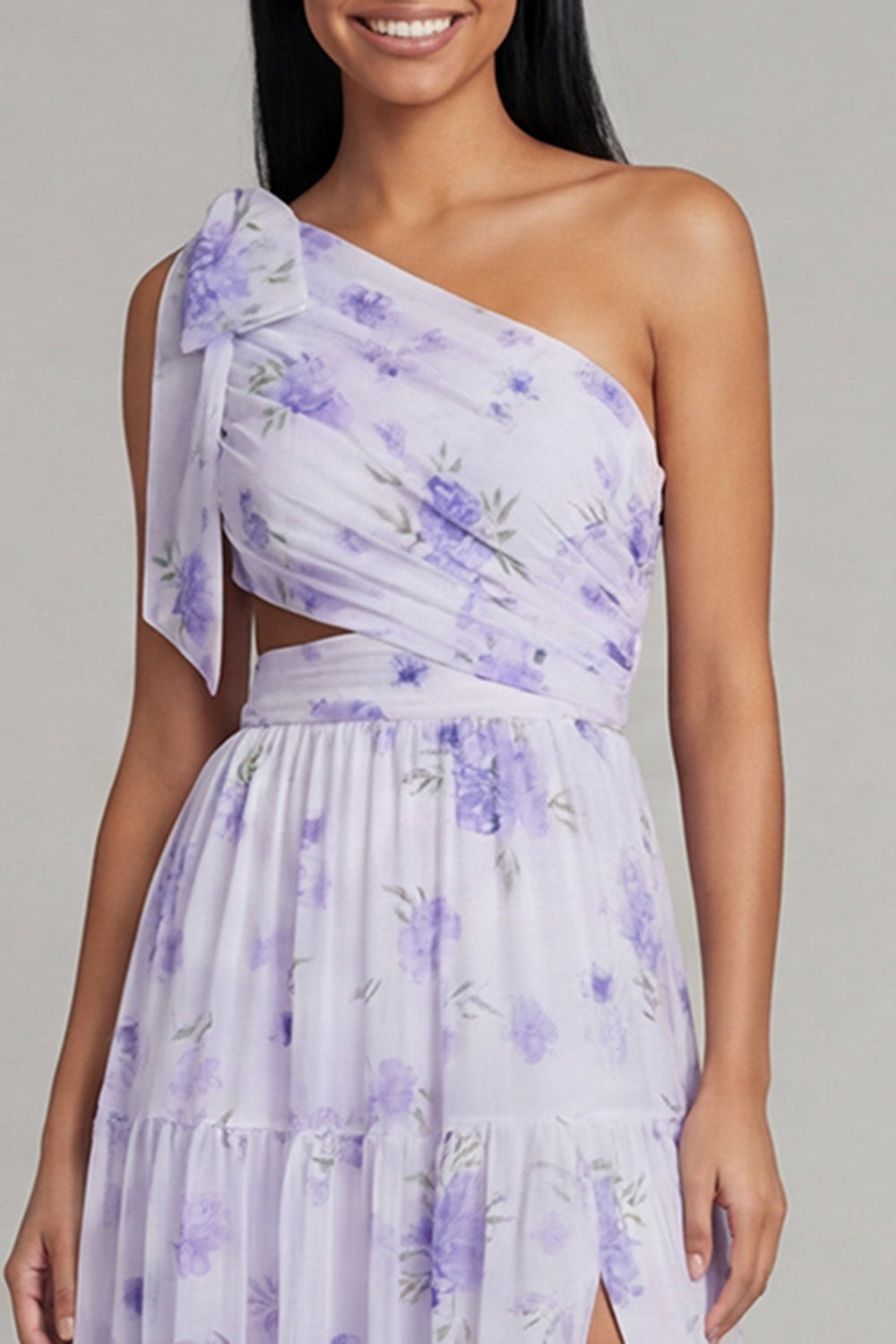 Lilac Floral Ruched A Line Beach Maxi Wedding Guest Dress with Slit
