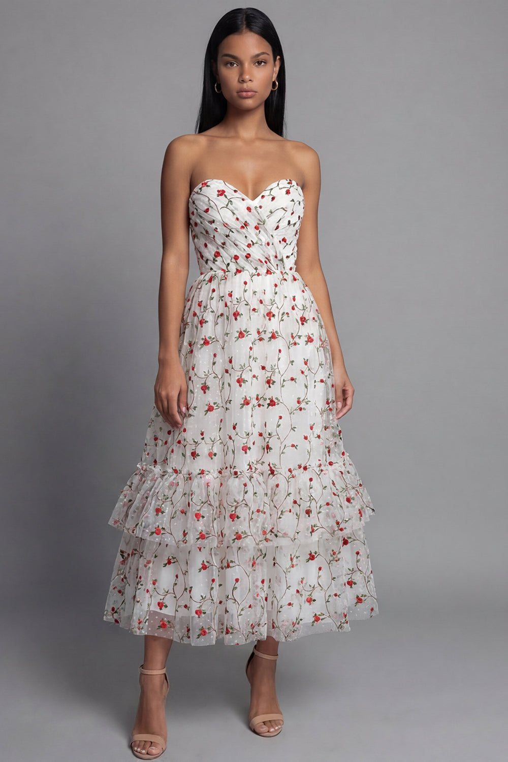 White Red Floral Sweetheart A Line Beach Maxi Wedding Guest Dress with Ruffles