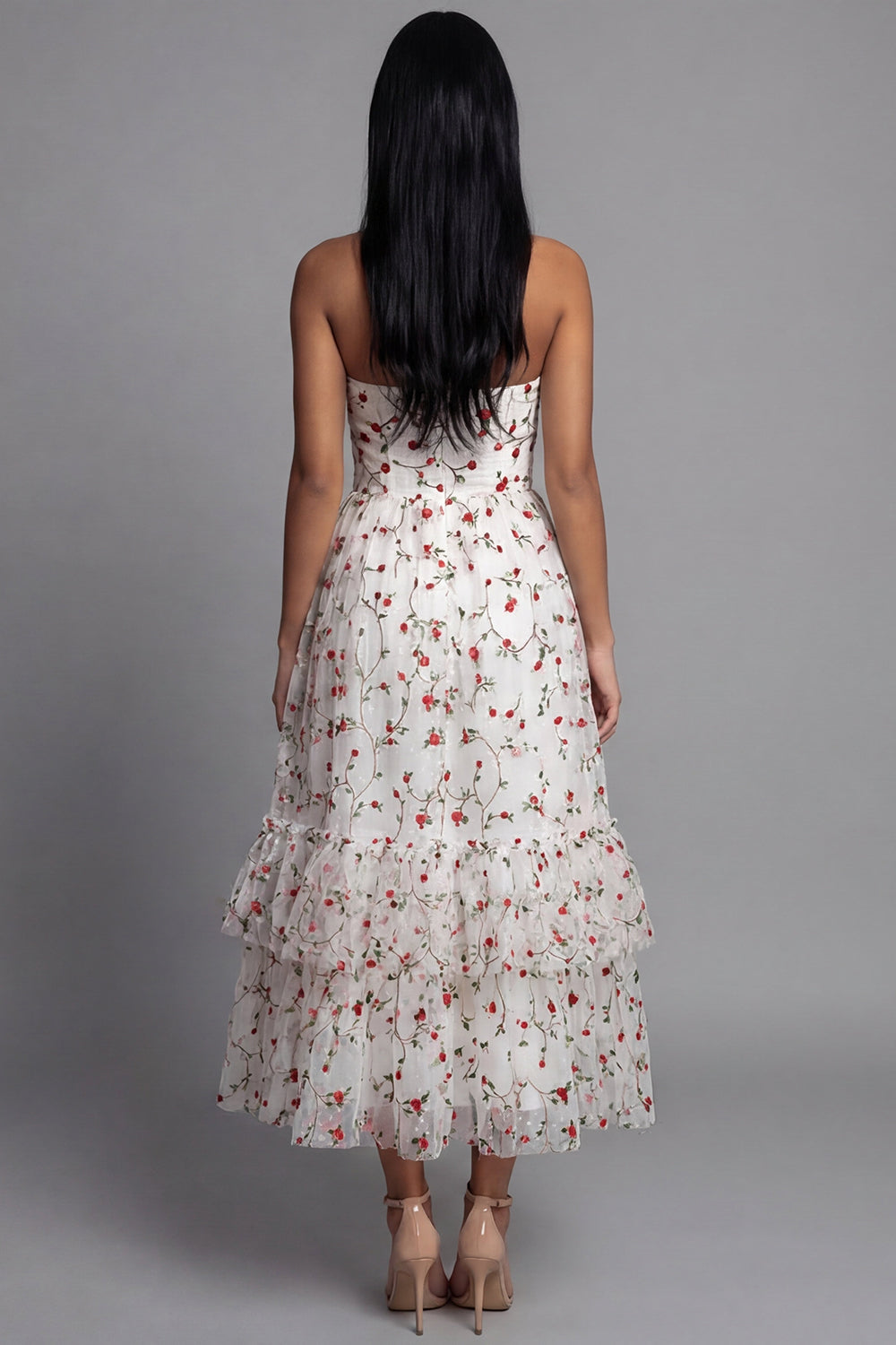 White Red Floral Sweetheart A Line Beach Maxi Wedding Guest Dress with Ruffles