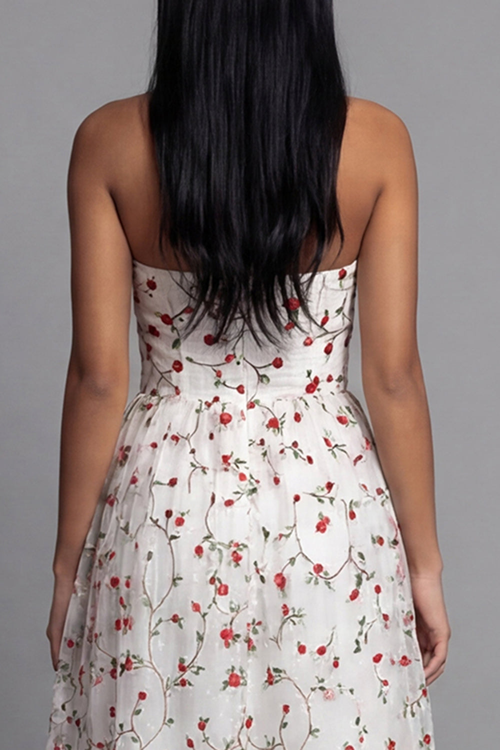 White Red Floral Sweetheart A Line Beach Maxi Wedding Guest Dress with Ruffles