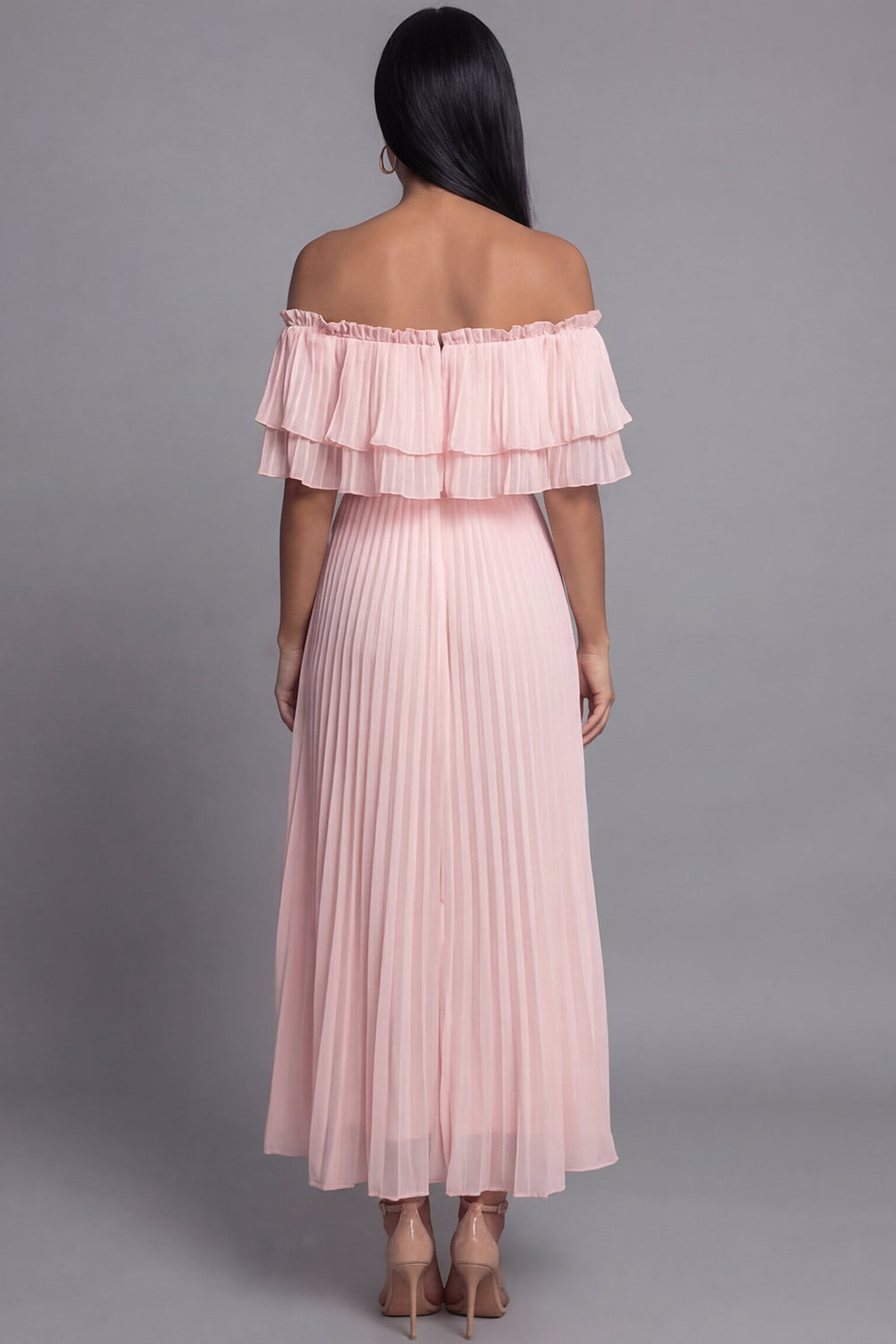Pink A Line Ruffled Long Beach Wedding Guest Dress with Pleats