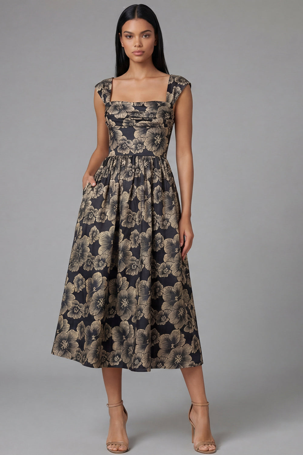 A Line Black Square Neck Floral Maxi Wedding Guest Dress