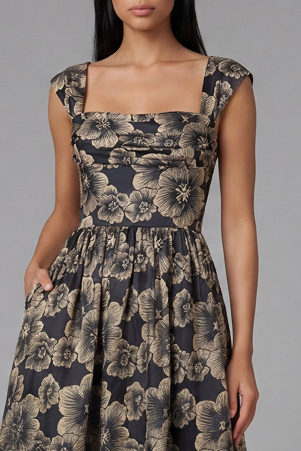 A Line Black Square Neck Floral Maxi Wedding Guest Dress