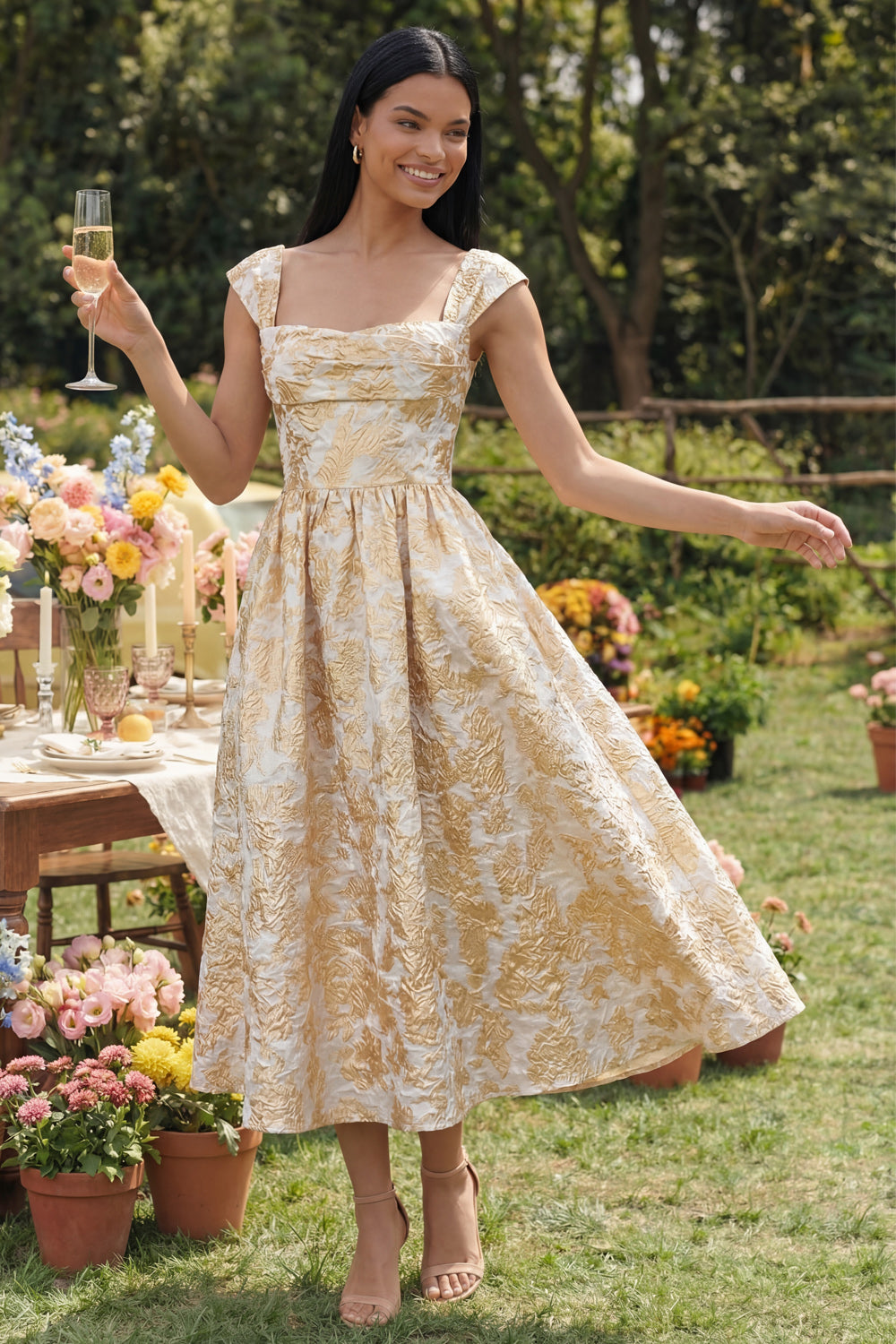 A Line Black Square Neck Floral Maxi Wedding Guest Dress