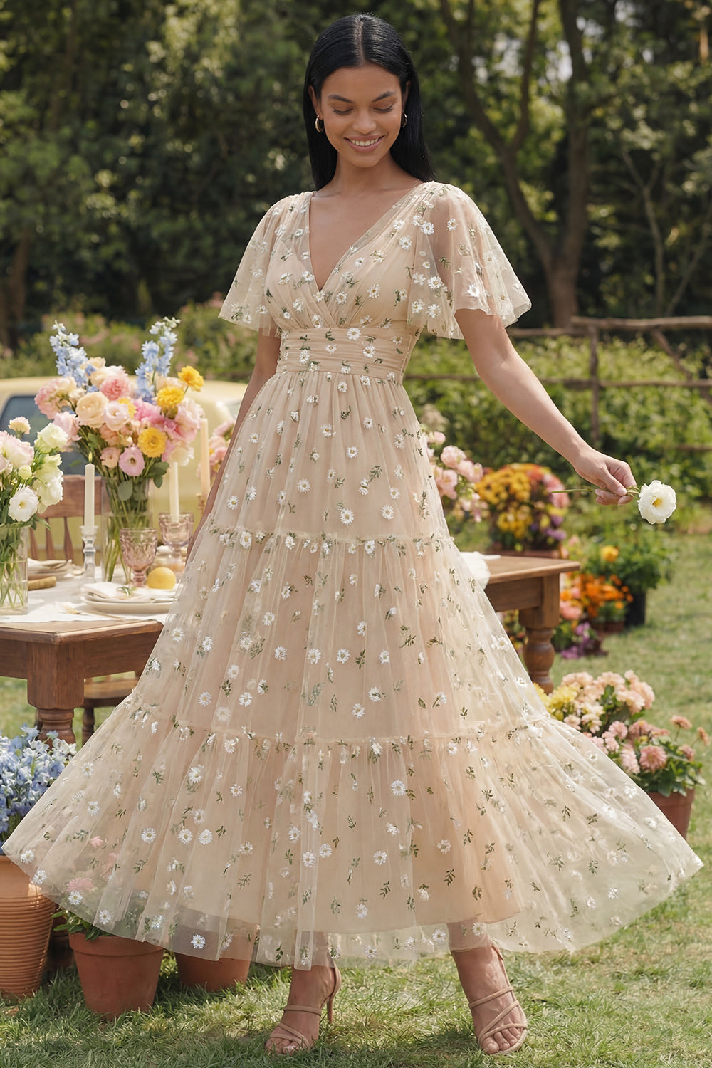 Champagne V Neck Floral A Line Beach Maxi Wedding Guest Dress with Sleeves