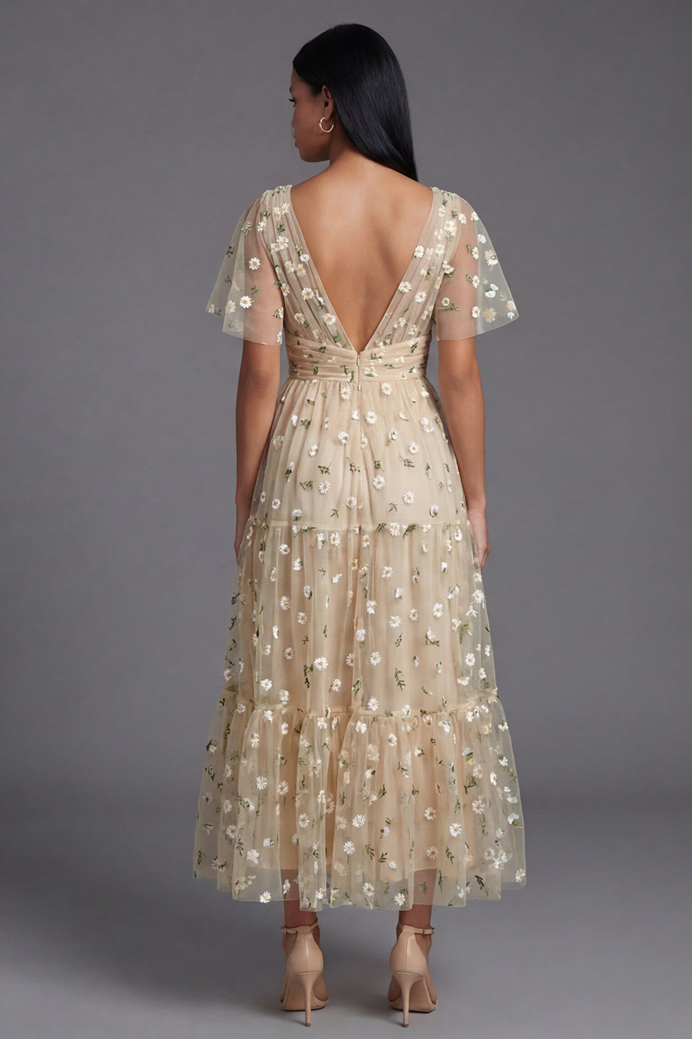 Champagne V Neck Floral A Line Beach Maxi Wedding Guest Dress with Sleeves