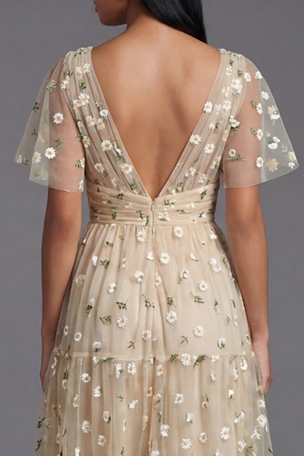 Champagne V Neck Floral A Line Beach Maxi Wedding Guest Dress with Sleeves