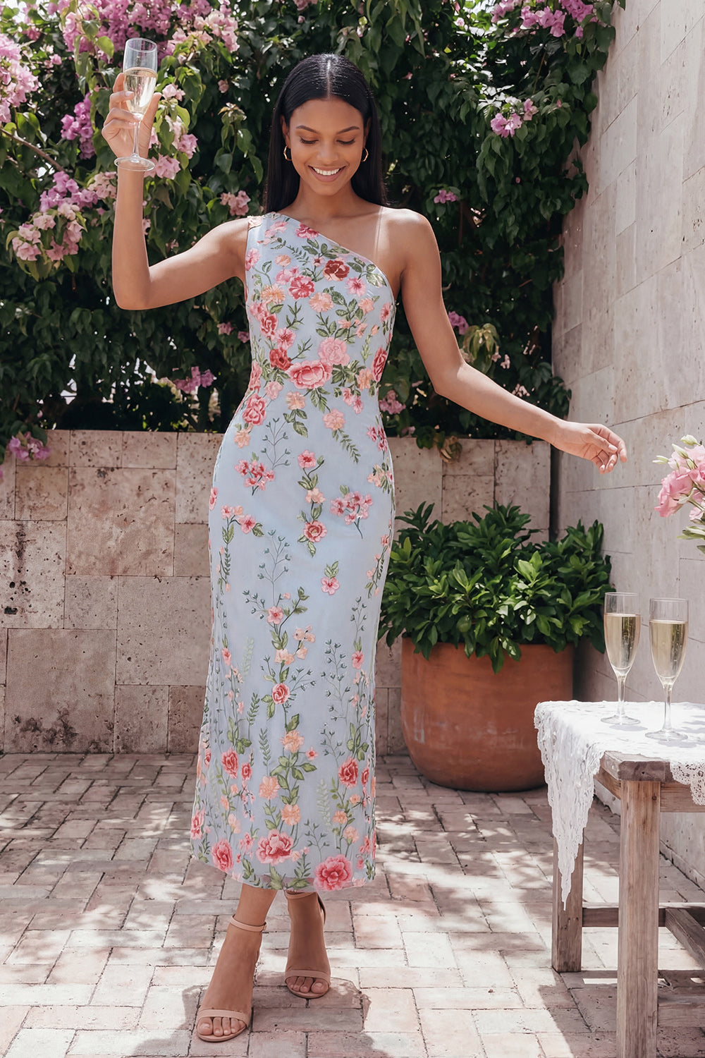 Blue Pink Floral Mermaid One Shoulder Long Wedding Guest Dress