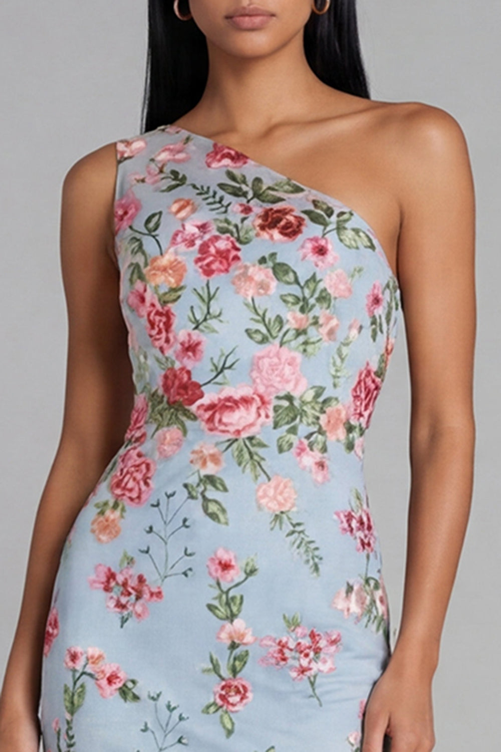 Blue Pink Floral Mermaid One Shoulder Long Wedding Guest Dress