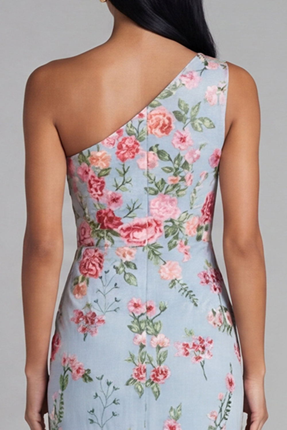Blue Pink Floral Mermaid One Shoulder Long Wedding Guest Dress