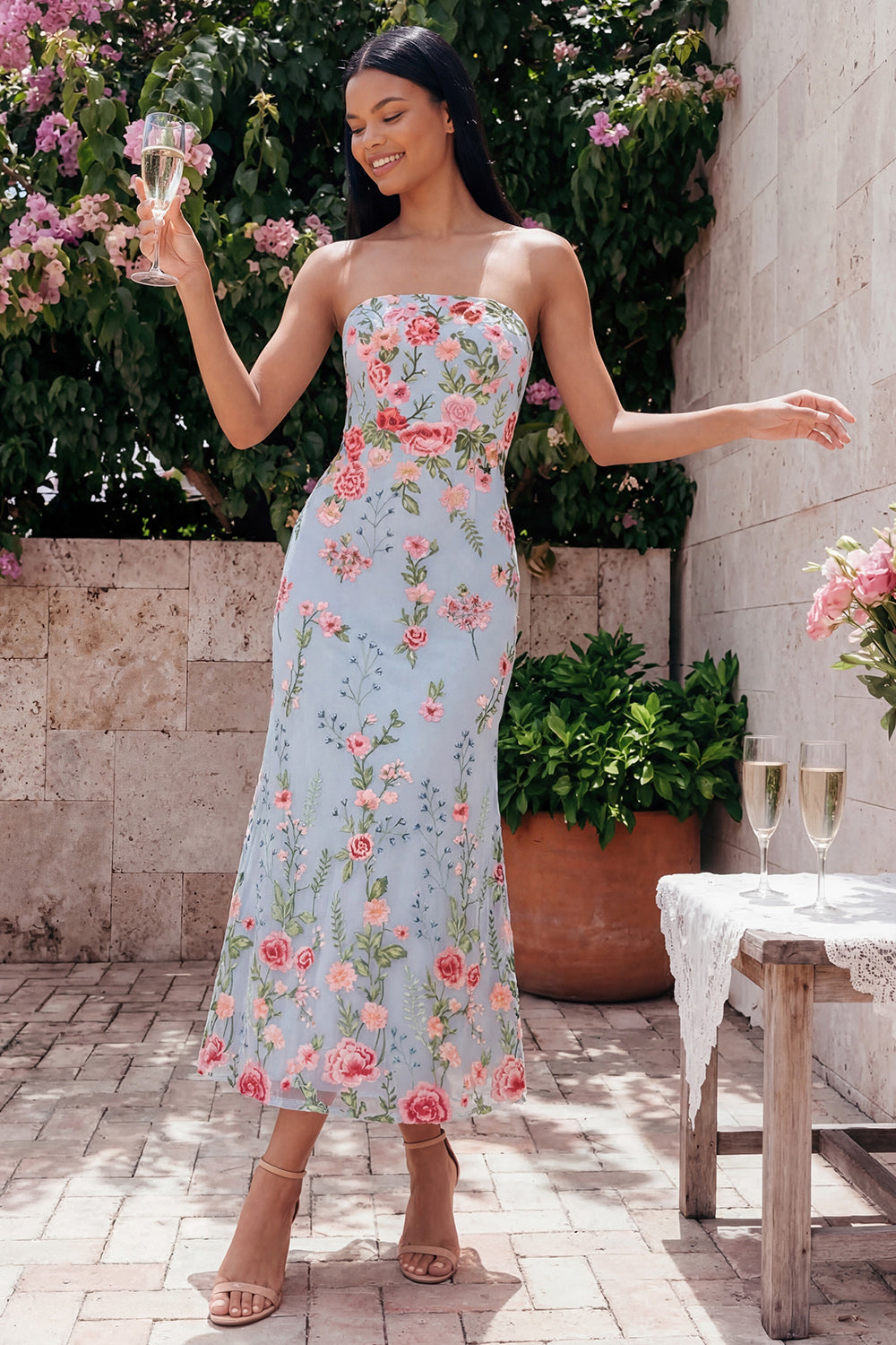 Blue Pink Flower Strapless Mermaid Beach Long Wedding Guest Dress