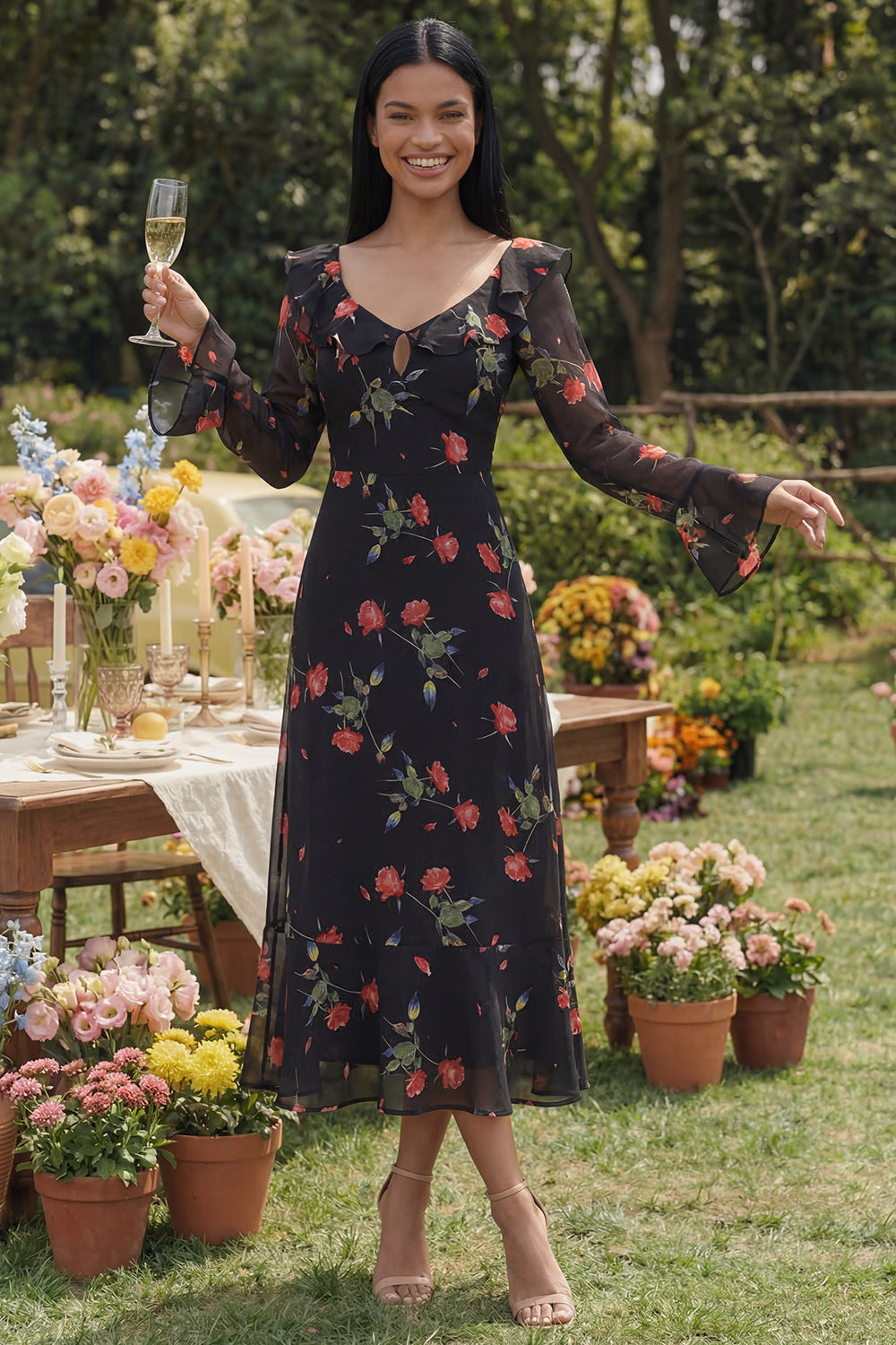 Black Floral A Line Beach Long Sleeves Wedding Guest Dress with Ruffles