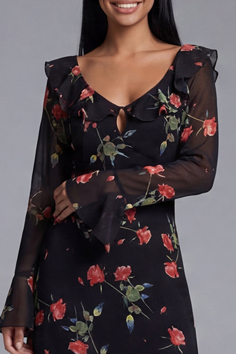 Black Floral A Line Beach Long Sleeves Wedding Guest Dress with Ruffles
