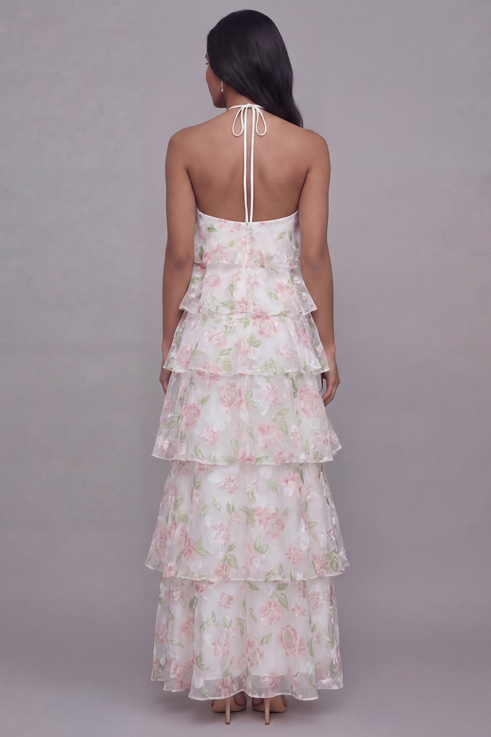 White Pink Flower A Line Tiered Beach Long Wedding Guest Dress with Ruffles