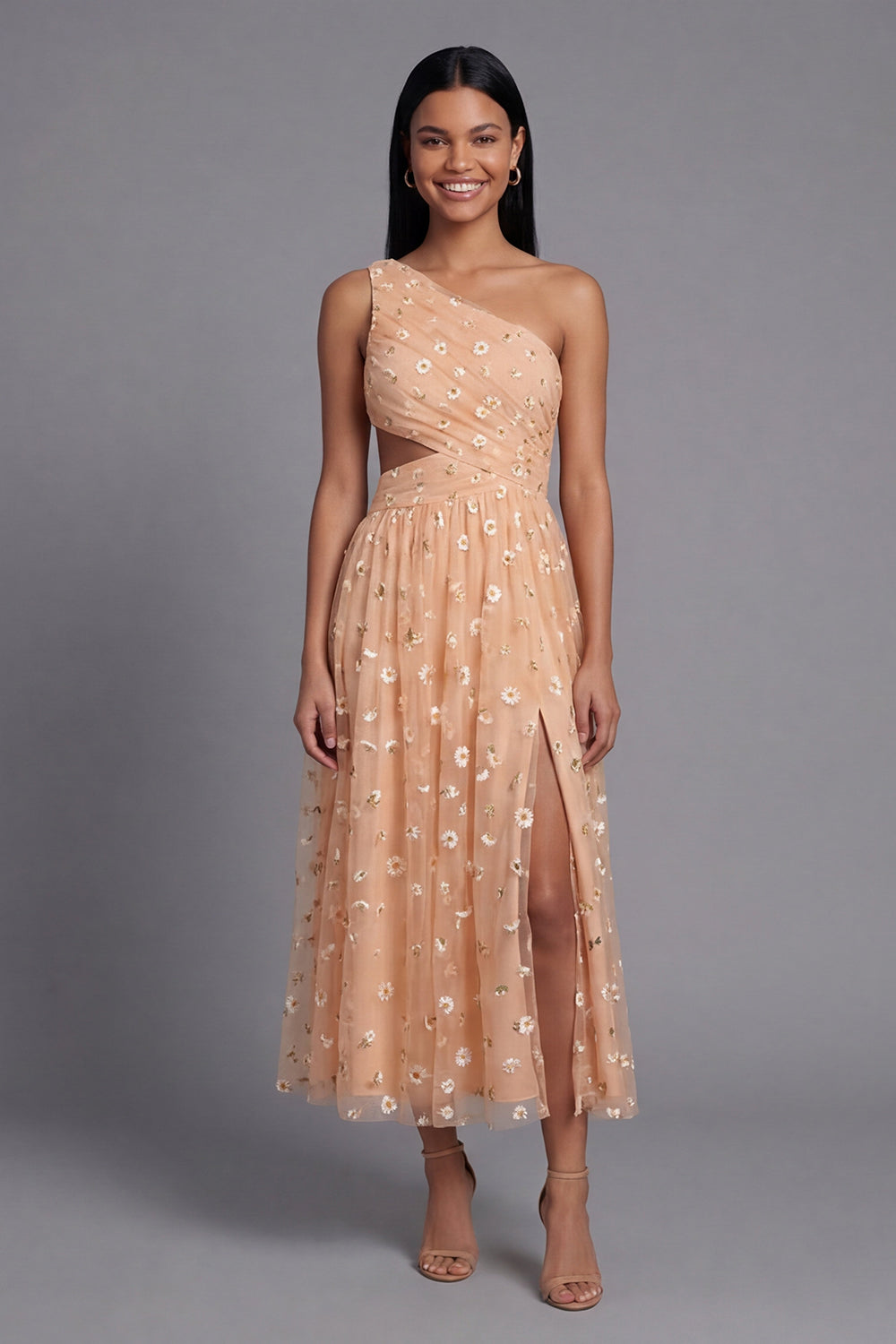 Light Orange Floral Cut Out A Line Beach Long Wedding Guest Dress with Slit