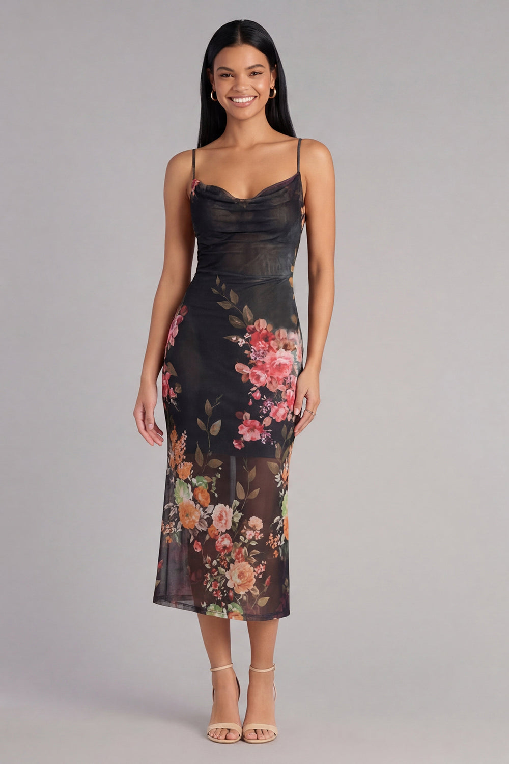 Black Spaghetti Straps Floral Column Maxi Beach Wedding Guest Dress