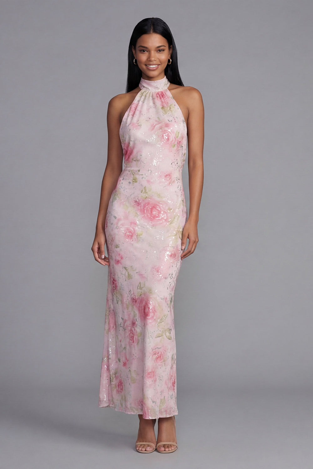 Sparkly White Pink Flower Sequins Sheath Long Beach Wedding Guest Dress