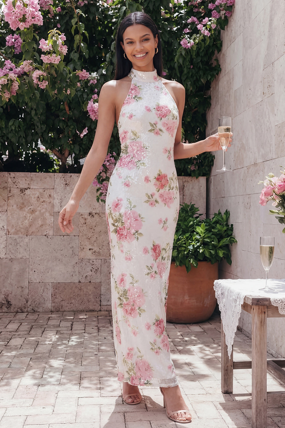 Sparkly White Pink Flower Sequins Sheath Long Beach Wedding Guest Dress