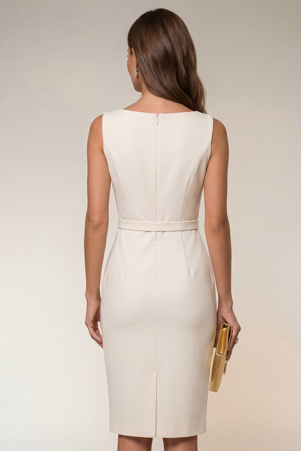 Navy Round Neck Pencil Satin Midi Work Dress with Slit