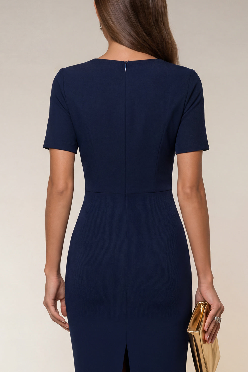 Navy V Neck Satin Pencil MIdi Work Dress with Sleeves