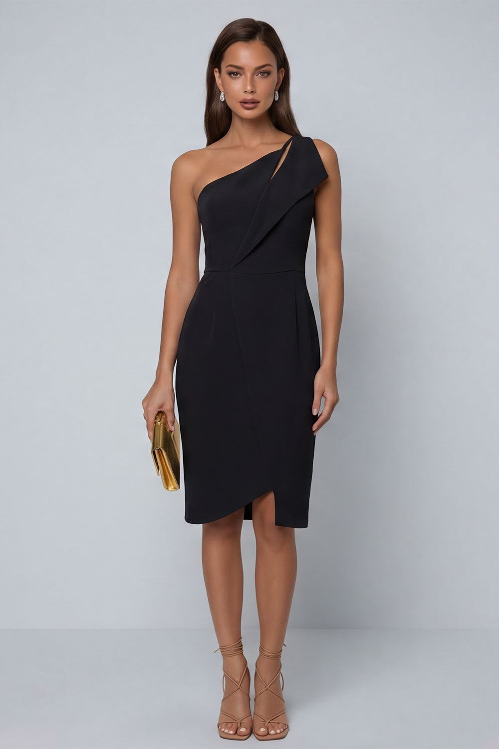 Black Pencil One Shoulder Satin Midi Work Dress