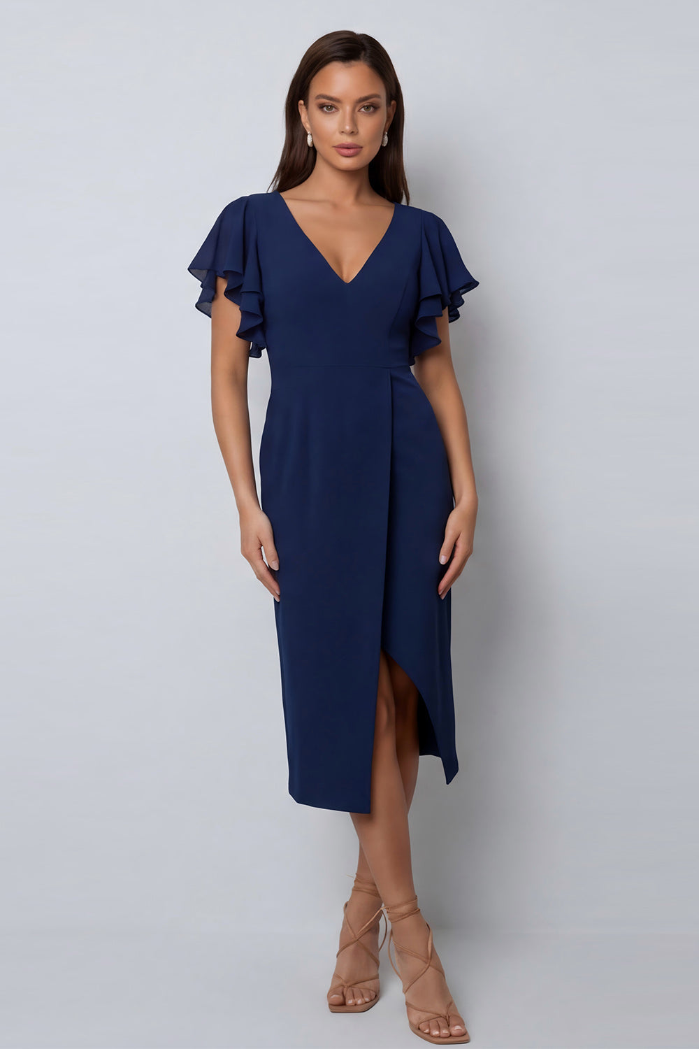 Navy Pencil Ruffled V Neck Midi Work Dress with Slit