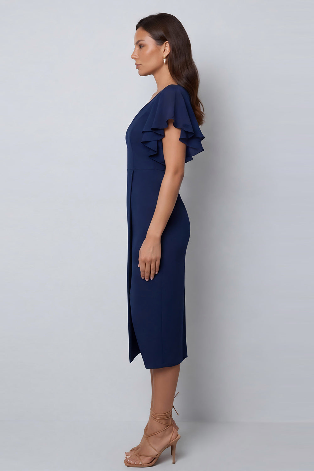 Navy Pencil Ruffled V Neck Midi Work Dress with Slit