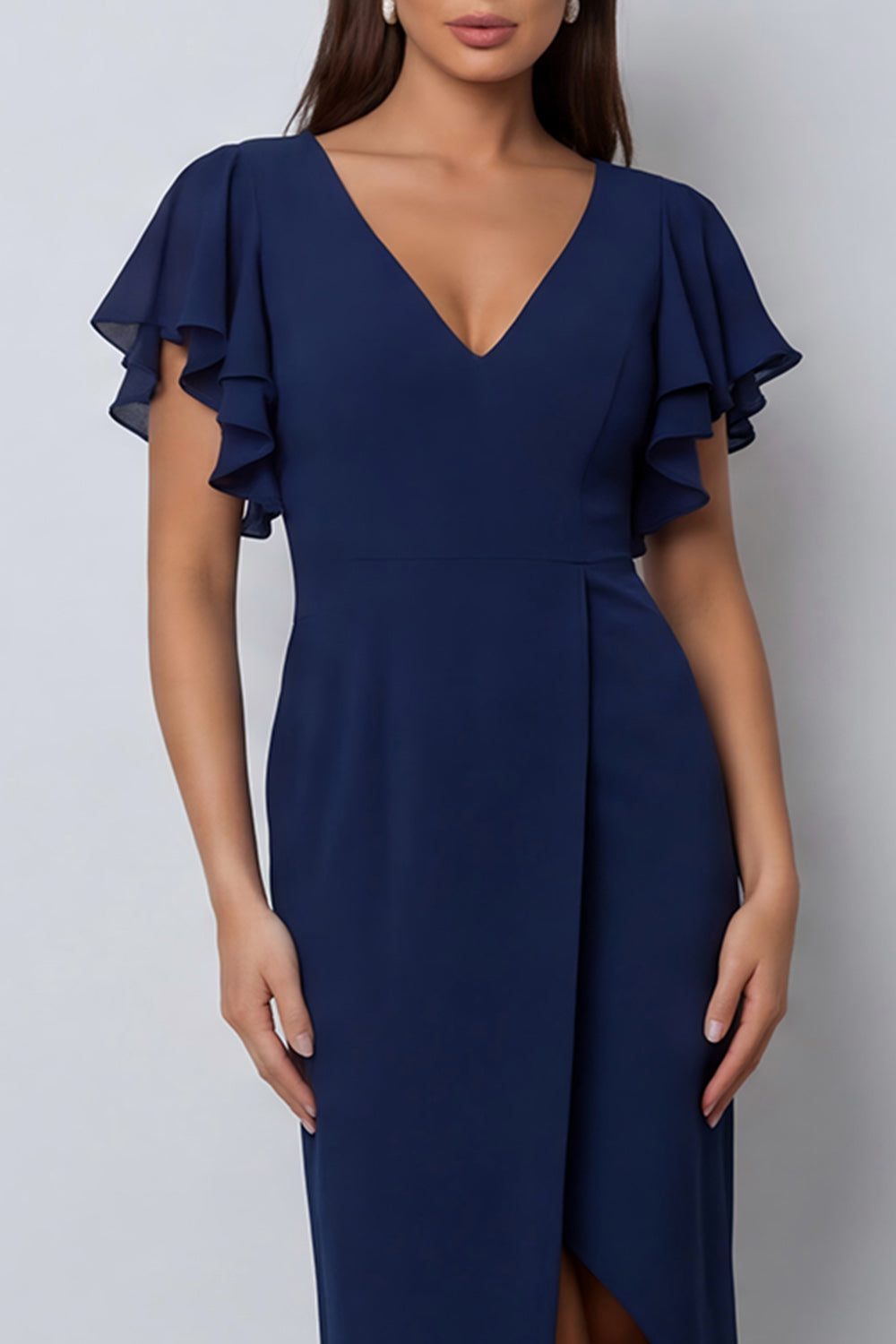 Navy Pencil Ruffled V Neck Midi Work Dress with Slit